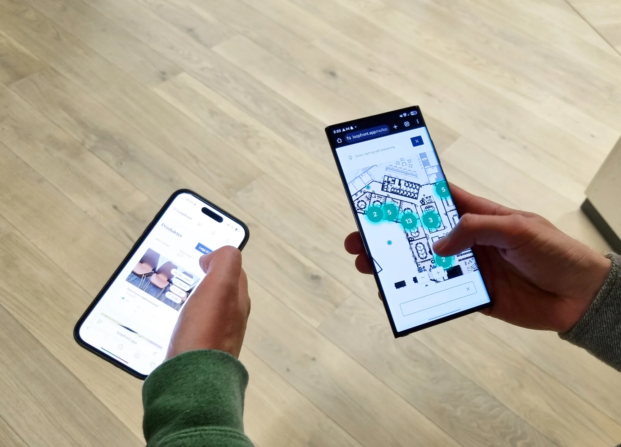 Kartlegging av møbler med Loopfront på mobil – produktoversikt og plantegning med registrerte møbler